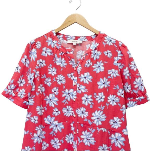 LOFT Floral Flare Retro Shirt Dress Coral Red Blue White Size 14P | 14 Petite - Picture 5 of 14